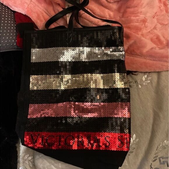 Victoria Secret rainbow signature stripe sequin bling large XL tote bag NWT/NIP - Picture 4 of 5
